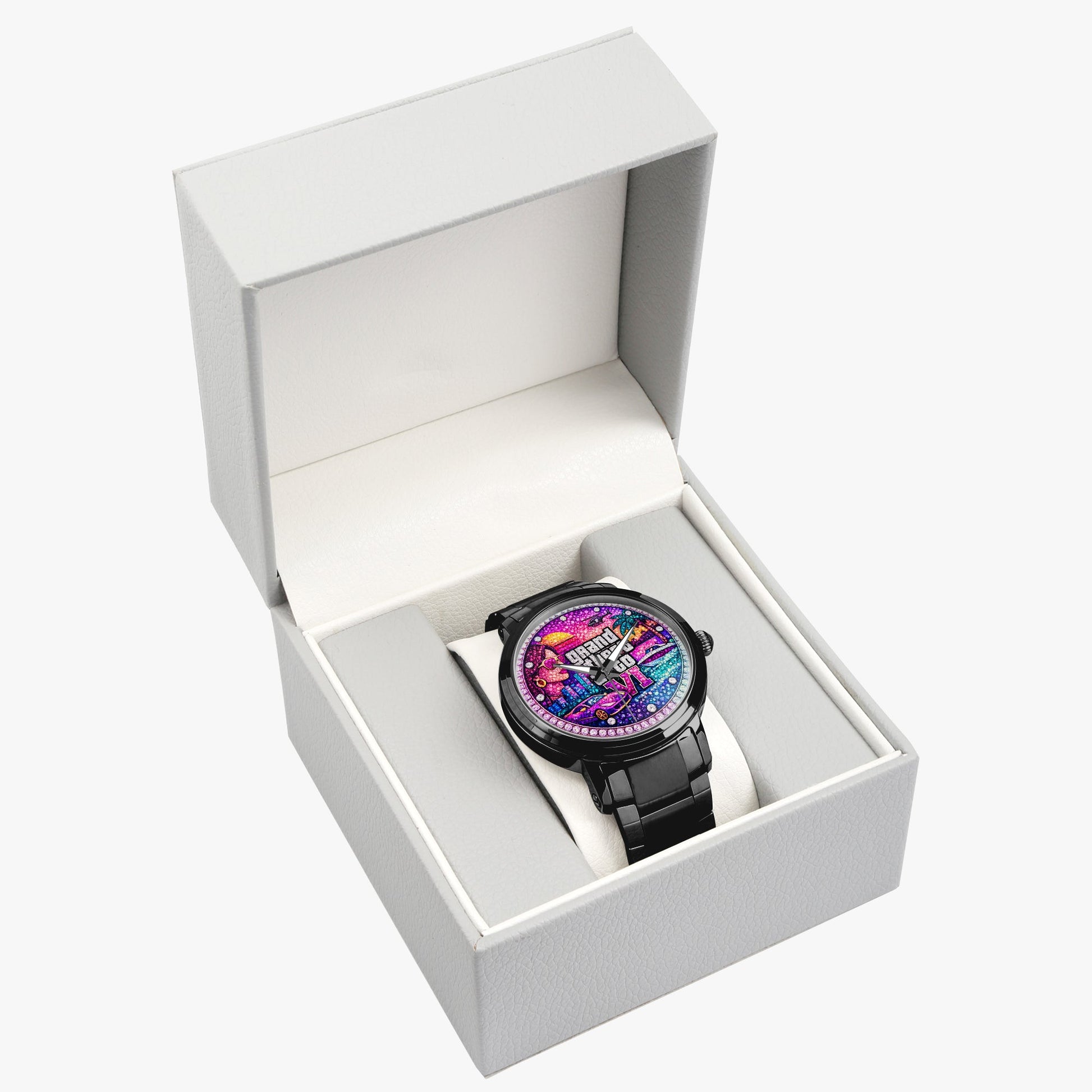 Jaycoh™ GTA 6 Incrusted Color Diamonds 212. New Steel Strap Automatic Watch | Print-on-Demand Custom Watch - product photo | print on demand watch print custom watch