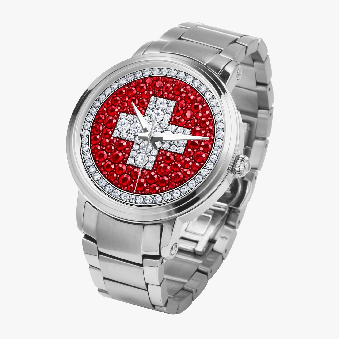 Jaycoh™ Swiss Flag Incrusted Diamonds 212. New Steel Strap Automatic Watch | Print-on-Demand Custom Watch - angled view | print on demand watch print custom watch