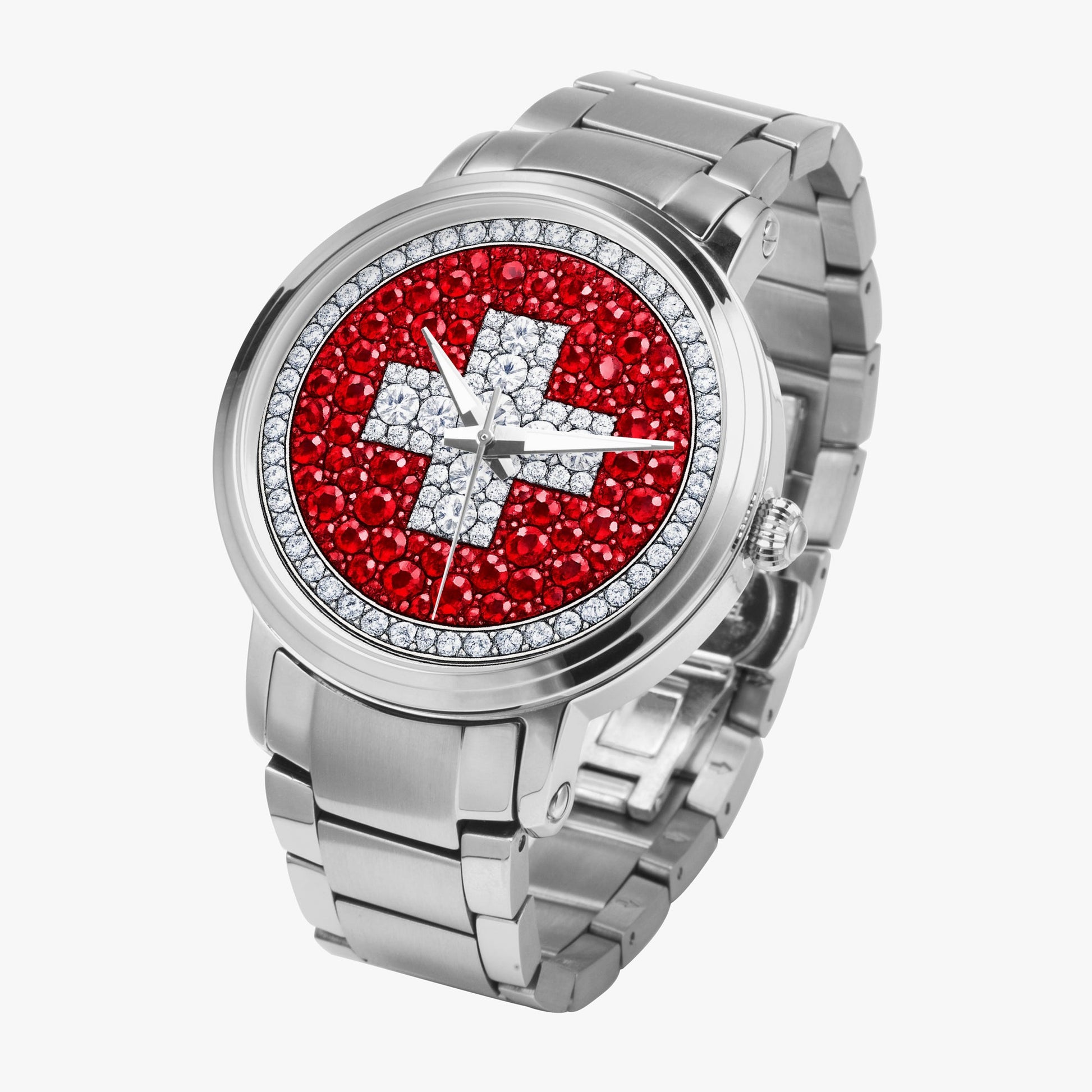 Jaycoh™ Swiss Flag Incrusted Diamonds 212. New Steel Strap Automatic Watch | Print-on-Demand Custom Watch - angled view | print on demand watch print custom watch
