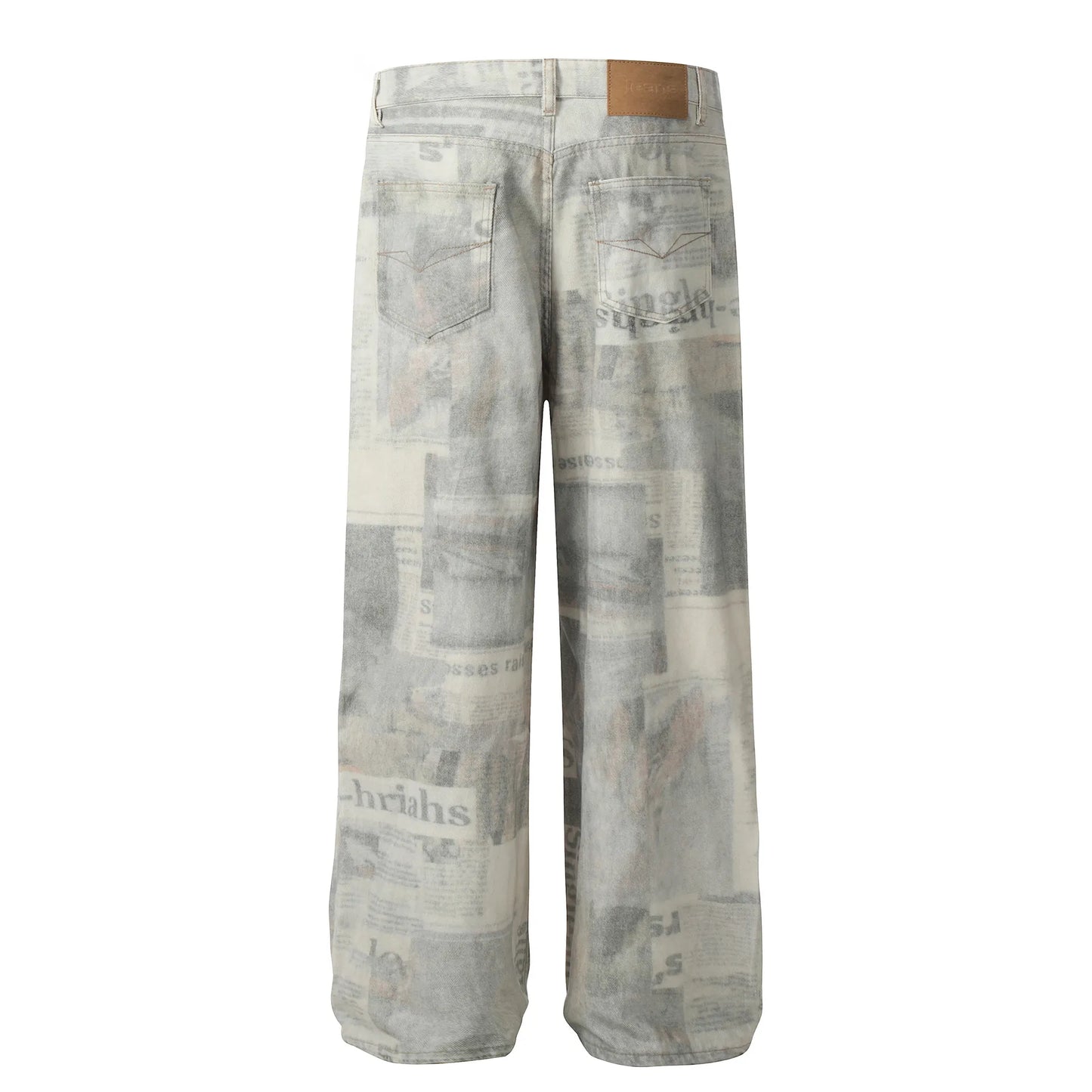 1254 Men's Vintage Newspaper Print Wide Leg Baggy Jeans – men's graphic jeans (front view)