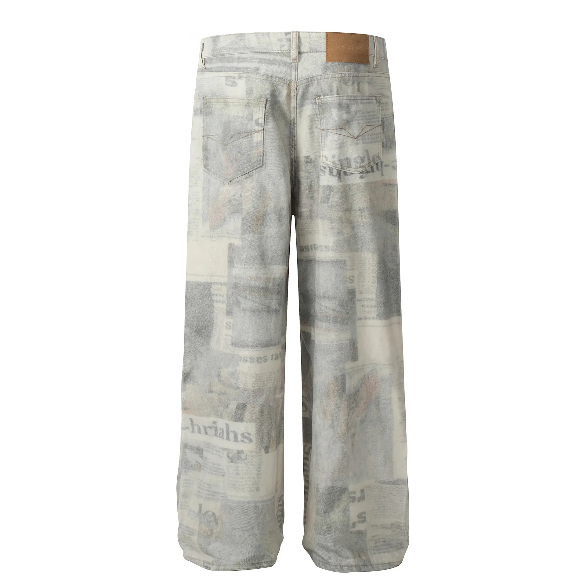 1254 Men's Vintage Newspaper Print Wide Leg Baggy Jeans – men's graphic jeans (front view)