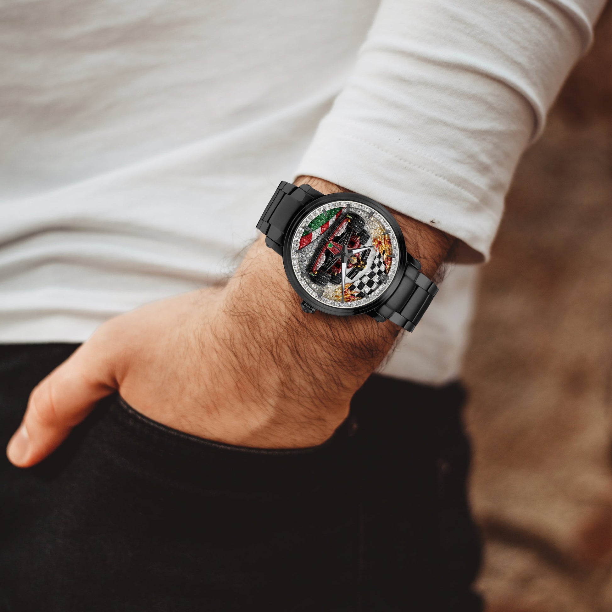 Jaycoh™ F1 Color Incrusted Diamonds 213. New Steel Strap Automatic Watch (With Indicators) | Print-on-Demand Custom Watch - product photo | print on demand watch print custom watch