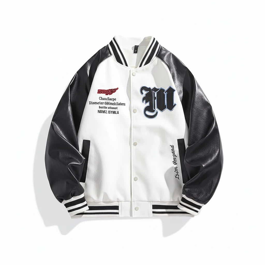 Black and White Long Sleeve Varsity Jacket – Black – side view