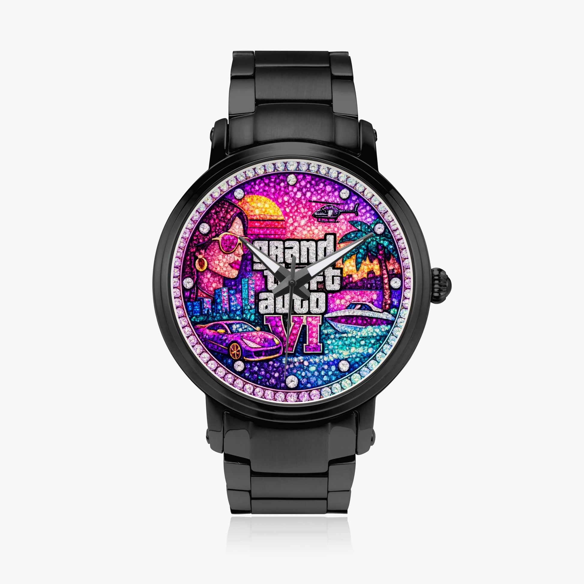 Jaycoh™ GTA 6 Incrusted Color Diamonds 212. New Steel Strap Automatic Watch | Print-on-Demand Custom Watch - product photo | print on demand watch print custom watch