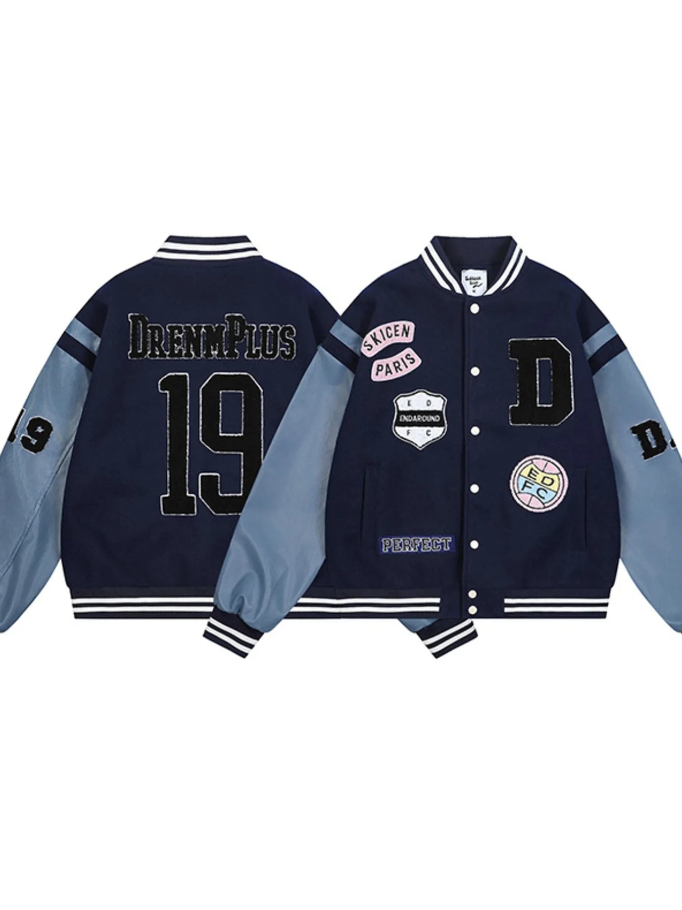 College Varsity Jacket with Patches (Royal Blue) – product view side by side