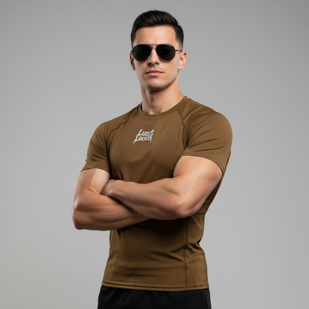 Vigilante Compression Shirt – Rich Brown w/ Icy Blue Logo (Short Sleeve) - Luis’s Locker