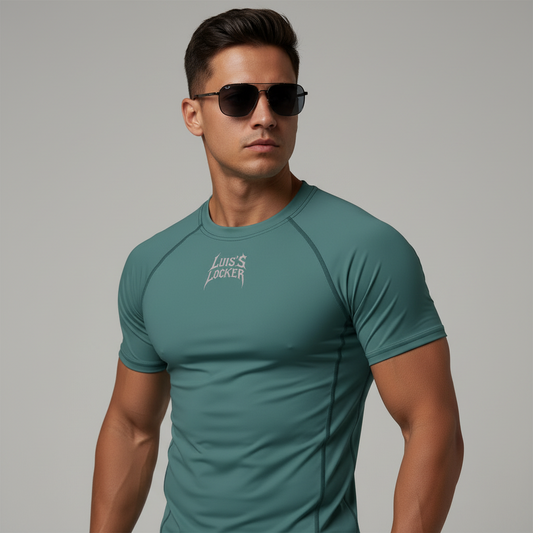 Vigilante Compression Shirt – Teal w/ Power Pink Logo (Short Sleeve) - Luis’s Locker
