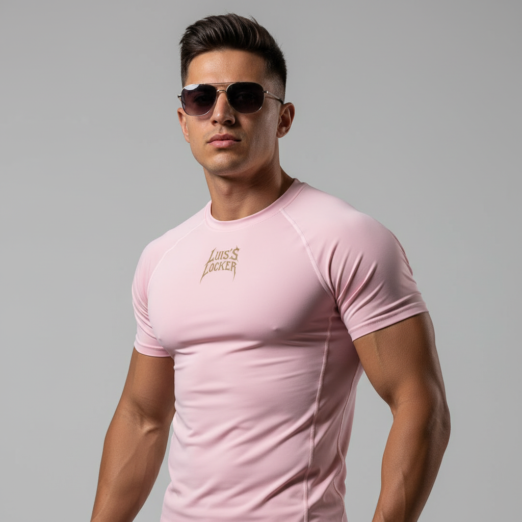 Vigilante Compression Shirt – Powder Pink w/ Rich Brown Logo (Short Sleeve) - Luis’s Locker