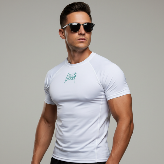Vigilante Compression Shirt – Icy Blue w/ Teal Logo (Short Sleeve) - Luis’s Locker