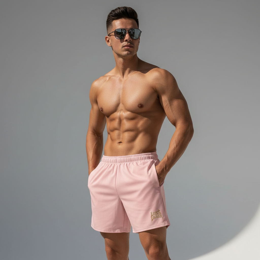 Vigilante Athletic Shorts – Powder Pink w/ Rich Brown Logo - Luis’s Locker