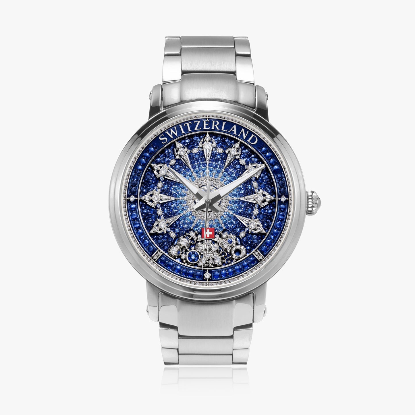 Jaycoh™ Swiss Watchmaking Heritage Switzerland Incrusted Blue Sapphires + Diamond Turbilon 212. New Steel Strap Automatic Watch | Print-on-Demand Custom Watch - front view | print on demand watch print custom watch