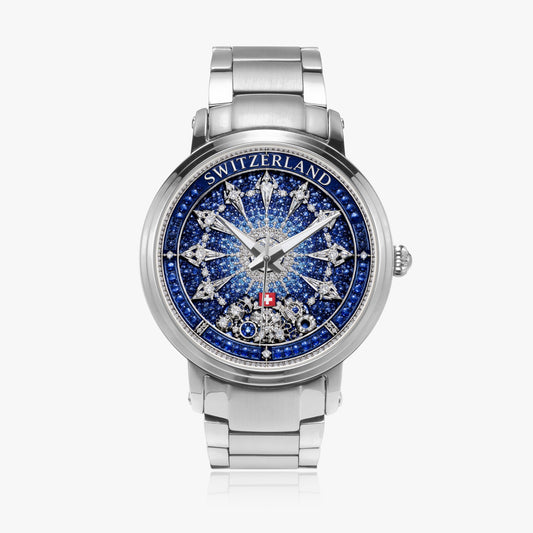 Jaycoh™ Swiss Watchmaking Heritage Switzerland Incrusted Blue Sapphires + Diamond Turbilon 212. New Steel Strap Automatic Watch | Print-on-Demand Custom Watch - front view | print on demand watch print custom watch