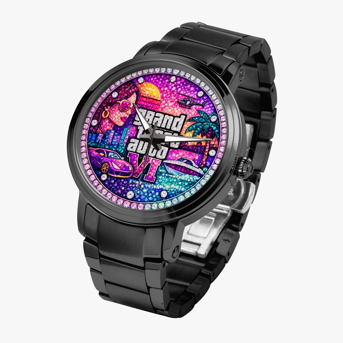 Jaycoh™ GTA 6 Incrusted Color Diamonds 212. New Steel Strap Automatic Watch | Print-on-Demand Custom Watch - product photo | print on demand watch print custom watch