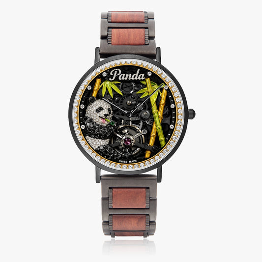 Jaycoh™ Bamboo Panda Turbilon 738. New wooden Strap Quartz RM Watch | Print-on-Demand Custom Watch - front view | print on demand watch print custom watch
