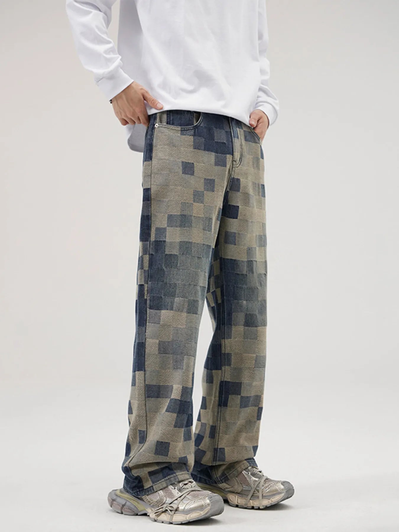 1258 Men's Full Size Pixelated Print Loose Fit Jeans Plus Size – men's graphic jeans (back view)