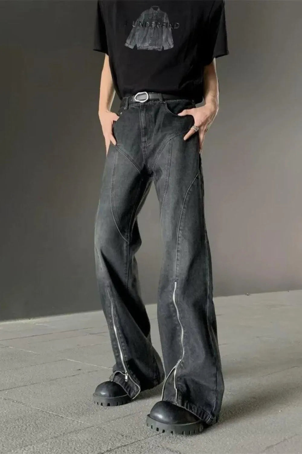 1297 Men's Plus Size Washed Flare Jeans with Zipper Detail – men's flare jeans (Y2K) (side view)
