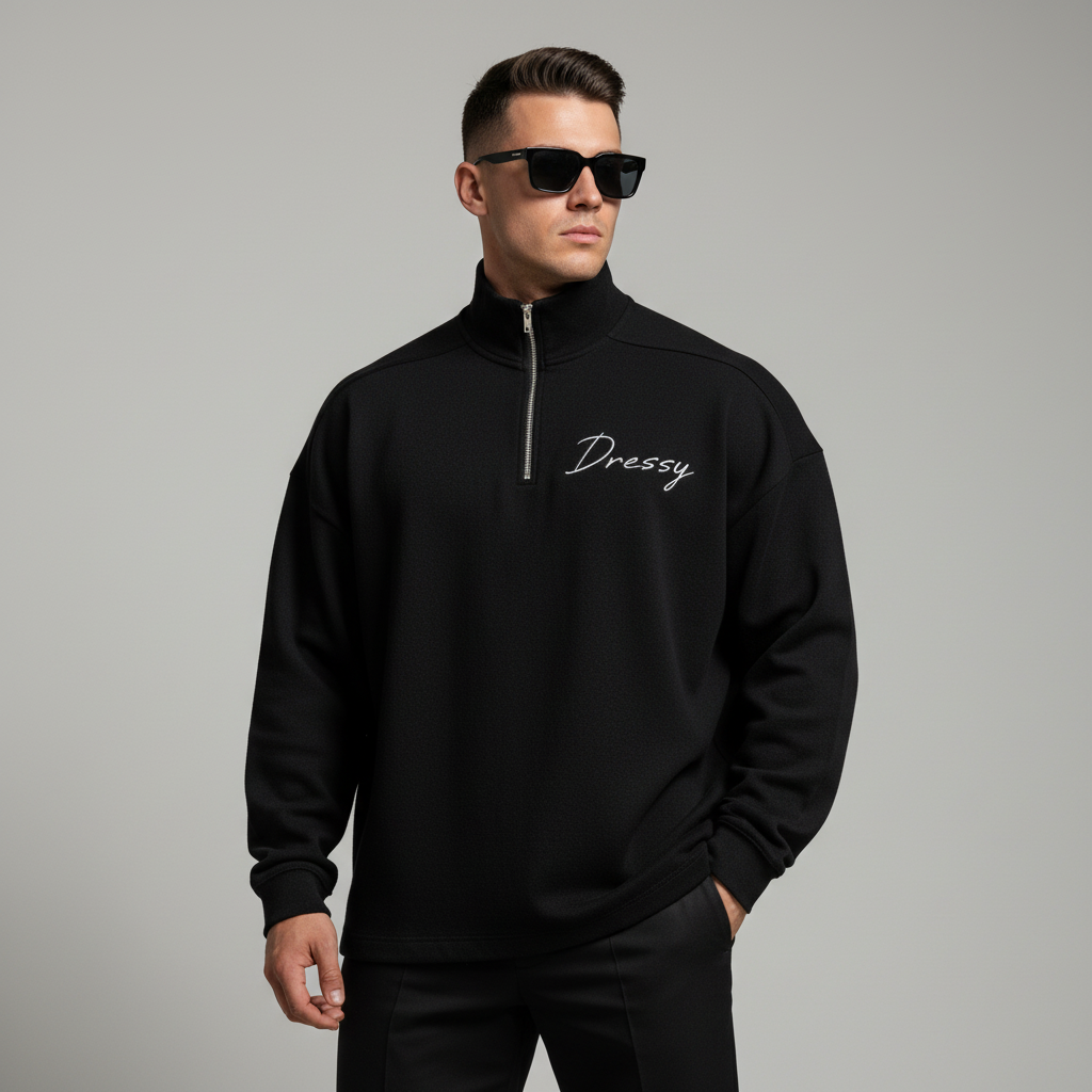 Casual Mens Half-Zip Rolled Edge Fleece Dressy Sweatshirt - Black - main product image