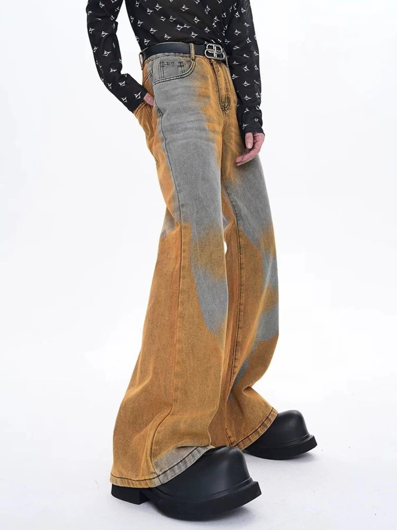 1284 Men's Plus Size Contrast Wide Leg Flare Jeans – men's flare jeans (Y2K) (back view)
