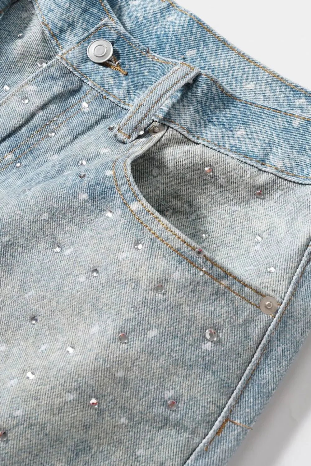 Men’s Washed Rhinestone Denim Bermuda Shorts - Streetwear Sparkle Fit - Medium - Image 4