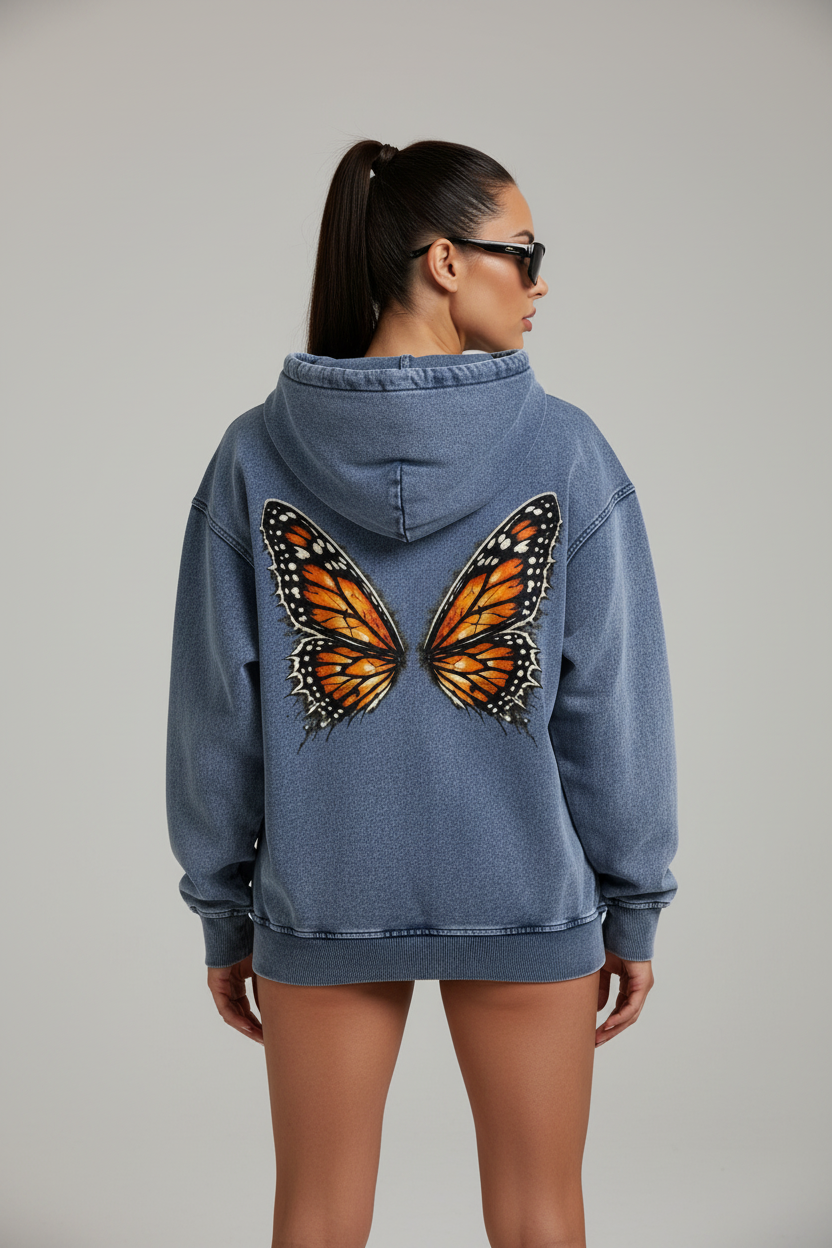 Women Dream Monarch Butterfly wings Snow Wash Oversized Hoodie – Front View