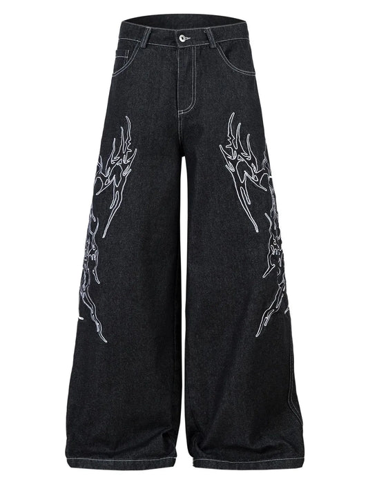 202 Men's Embroidered Wide Leg Baggy Jeans – Men's wide leg jeans streetwear fit