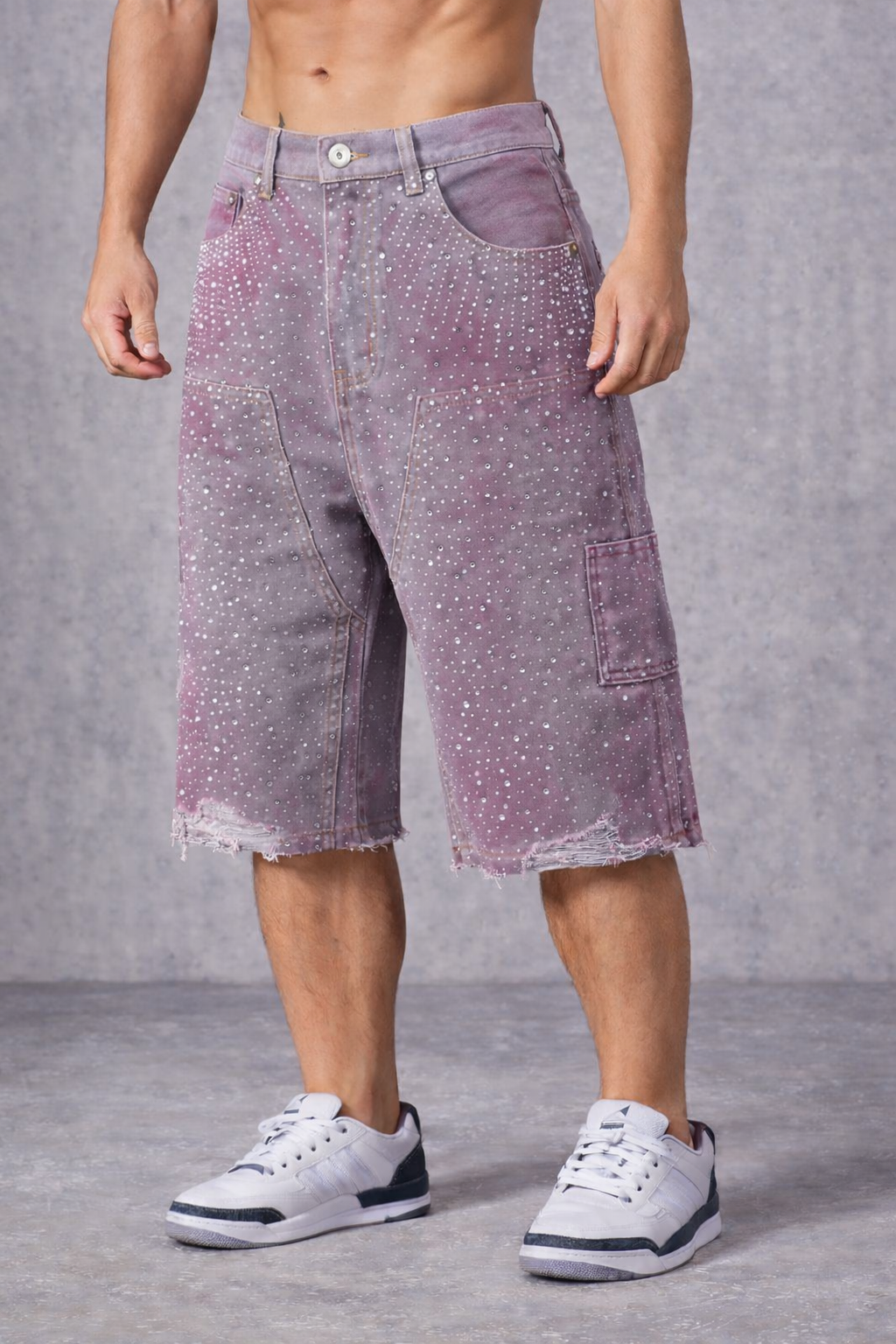 Men’s Rhinestone Cargo Denim Shorts - Sparkle Streetwear Shorts with Pockets - Black - Main image