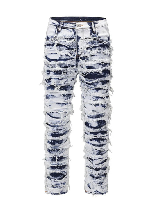 men’s stacked denim jeans with distressed panel detailing in medium