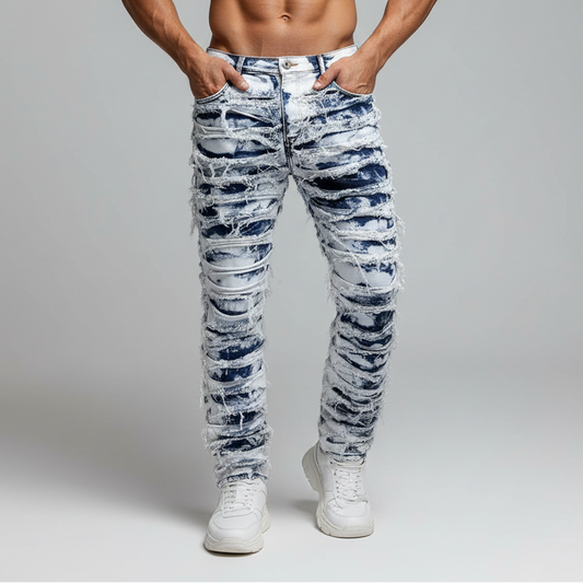 men’s stacked denim jeans with distressed panel detailing in medium