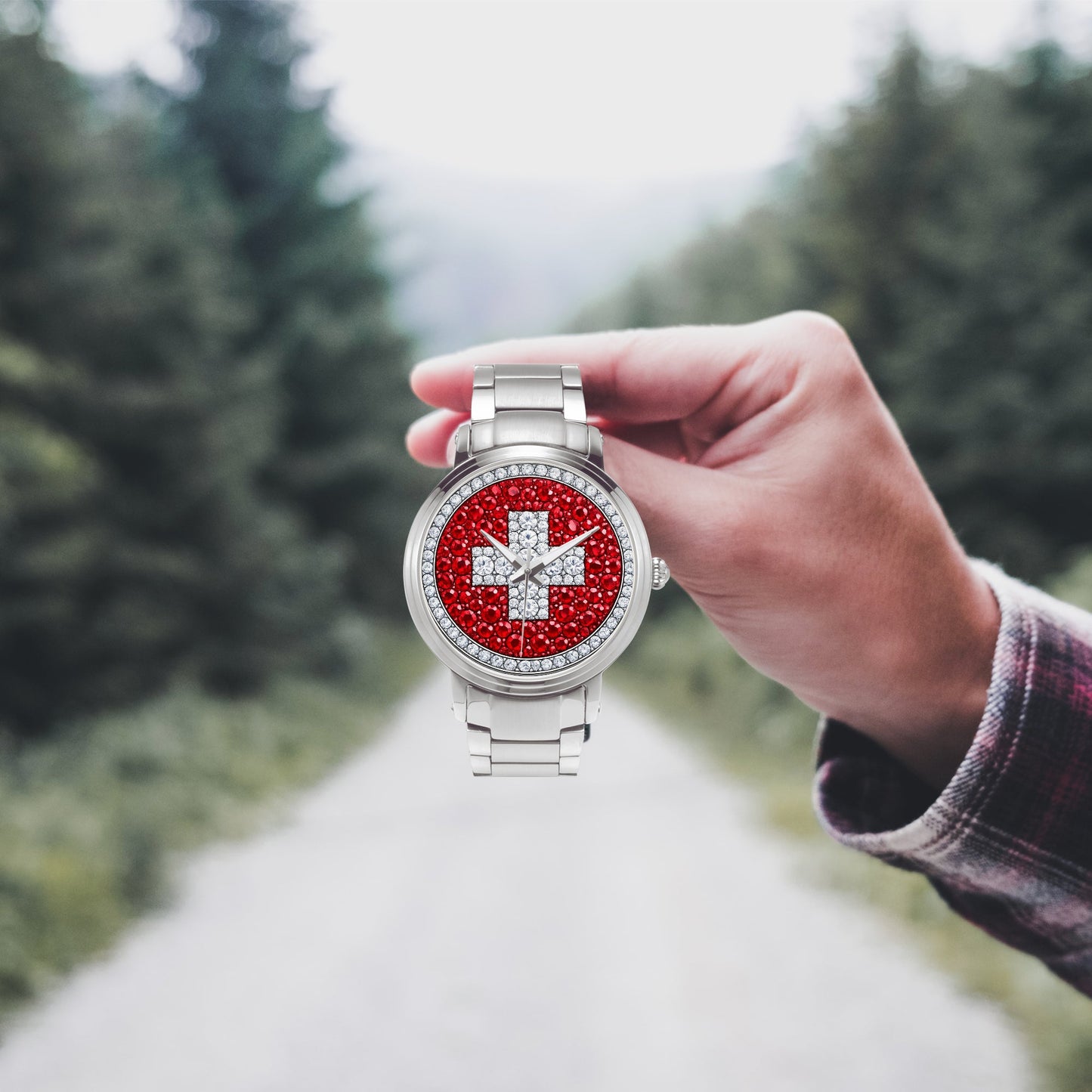 Jaycoh™ Swiss Flag Incrusted Diamonds 212. New Steel Strap Automatic Watch | Print-on-Demand Custom Watch - product photo | print on demand watch print custom watch