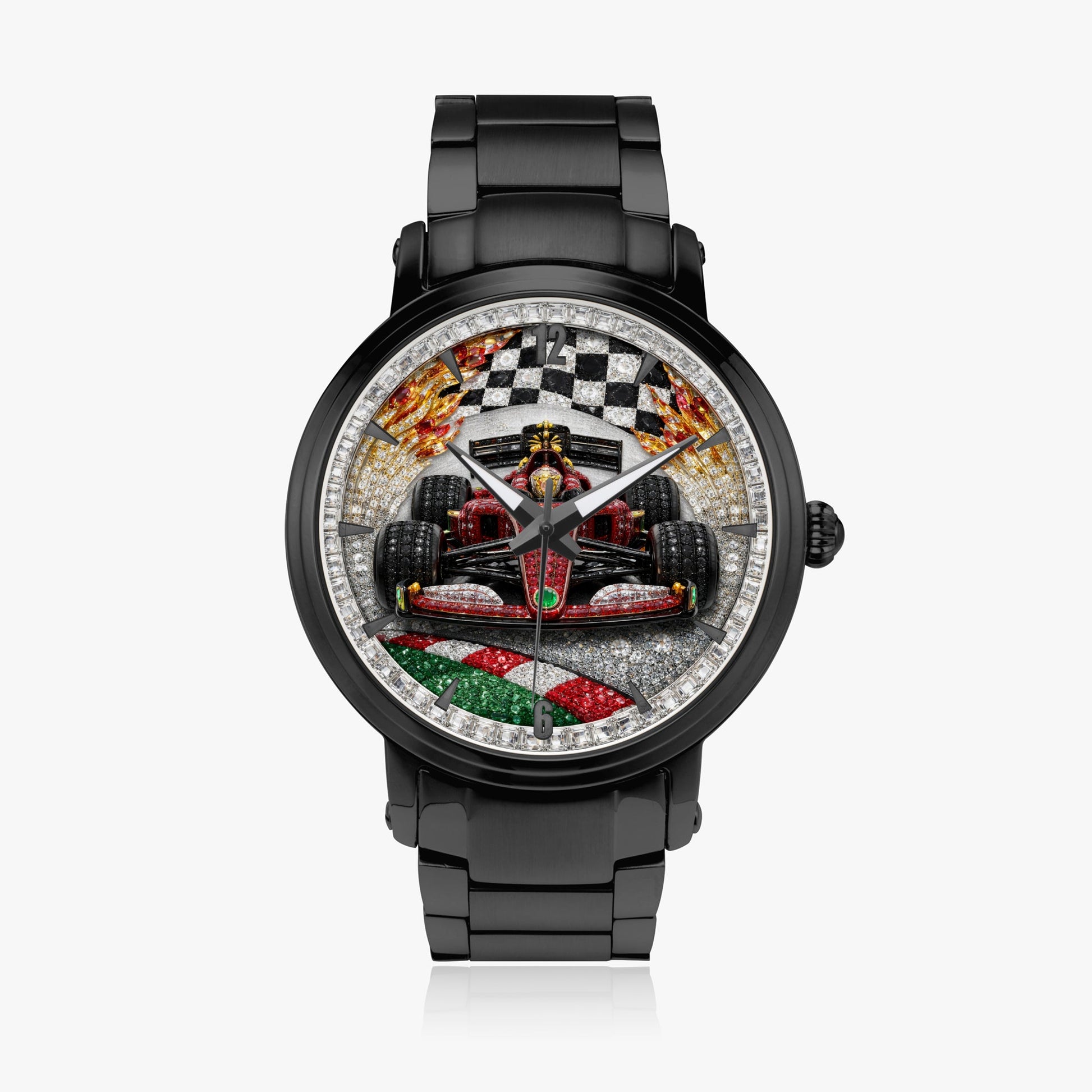 Jaycoh™ F1 Color Incrusted Diamonds 213. New Steel Strap Automatic Watch (With Indicators) | Print-on-Demand Custom Watch - front view | print on demand watch print custom watch