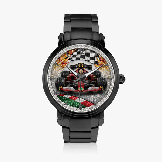 Jaycoh™ F1 Color Incrusted Diamonds 213. New Steel Strap Automatic Watch (With Indicators) | Print-on-Demand Custom Watch - front view | print on demand watch print custom watch