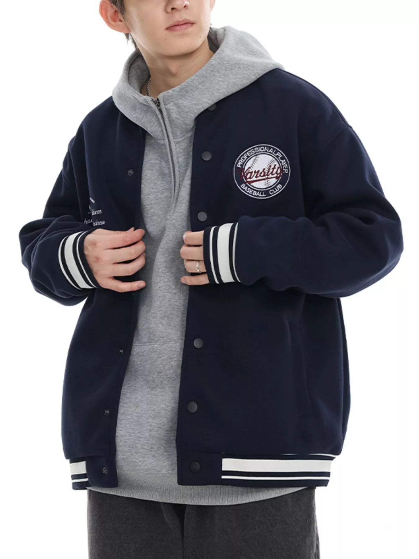 Snap Down College Varsity Jacket – Army Green – product view