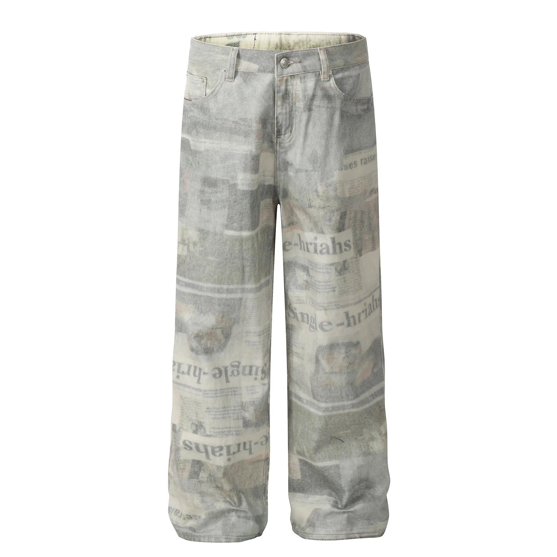 1254 Men's Vintage Newspaper Print Wide Leg Baggy Jeans – men's graphic jeans (main view)