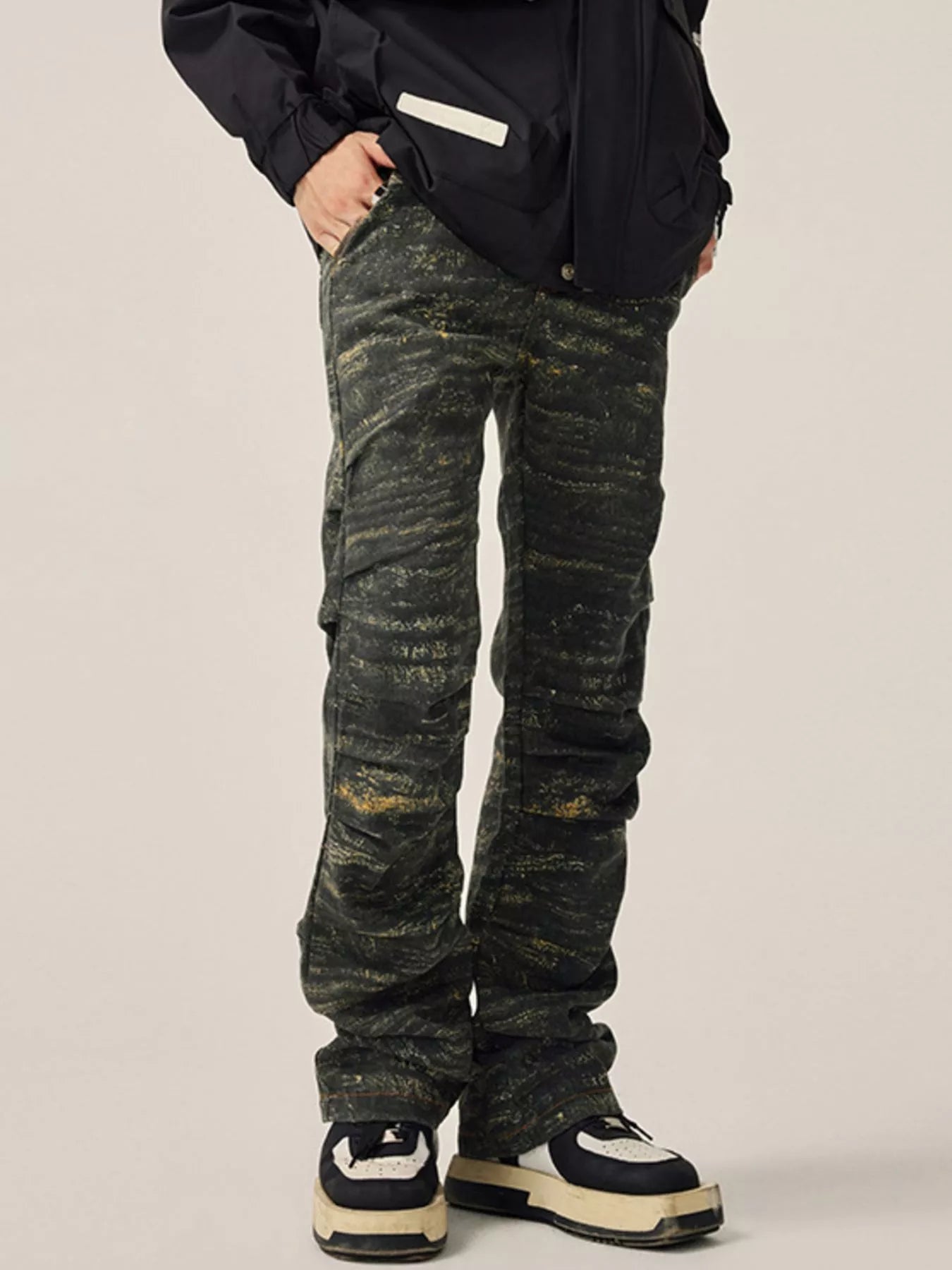men’s camouflage stacked jeans with ruched panel detailing in green camouflage