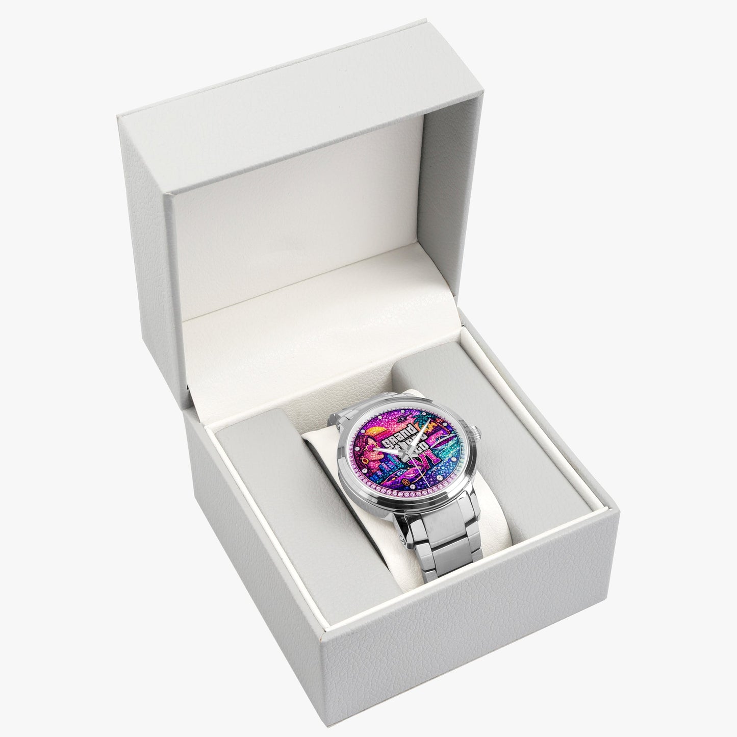 Jaycoh™ GTA 6 Incrusted Color Diamonds 212. New Steel Strap Automatic Watch | Print-on-Demand Custom Watch - product photo | print on demand watch print custom watch