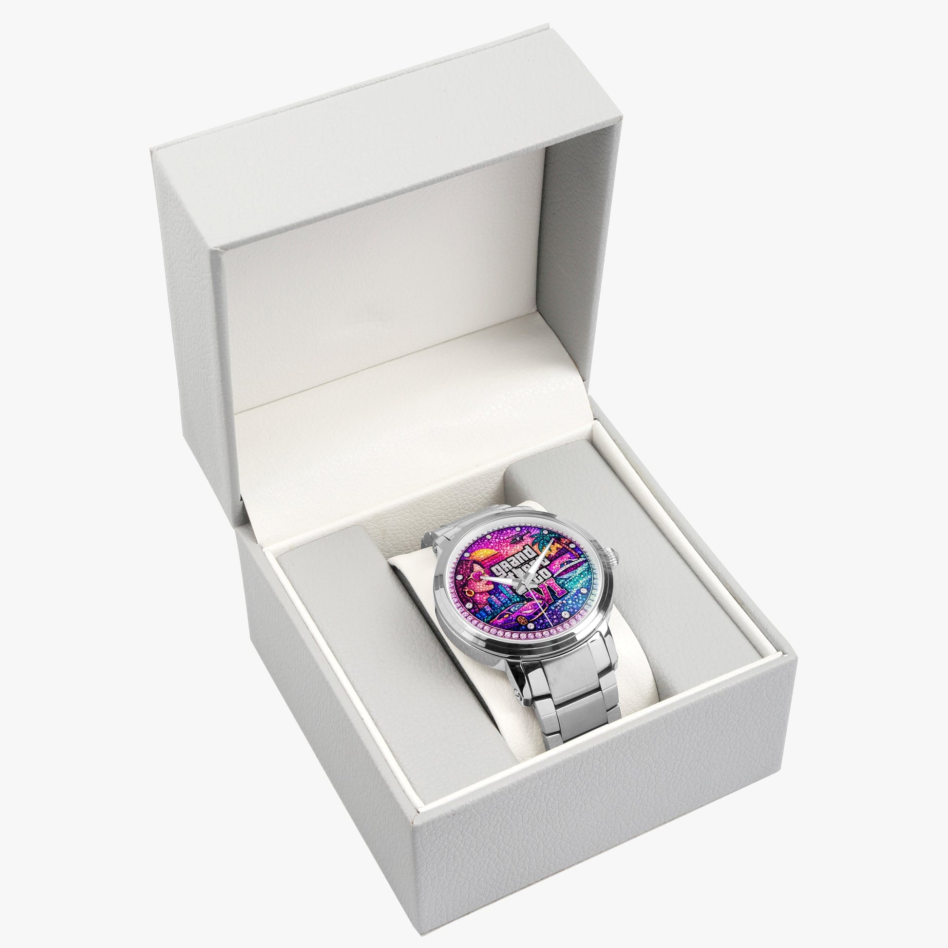 Jaycoh™ GTA 6 Incrusted Color Diamonds 212. New Steel Strap Automatic Watch | Print-on-Demand Custom Watch - product photo | print on demand watch print custom watch