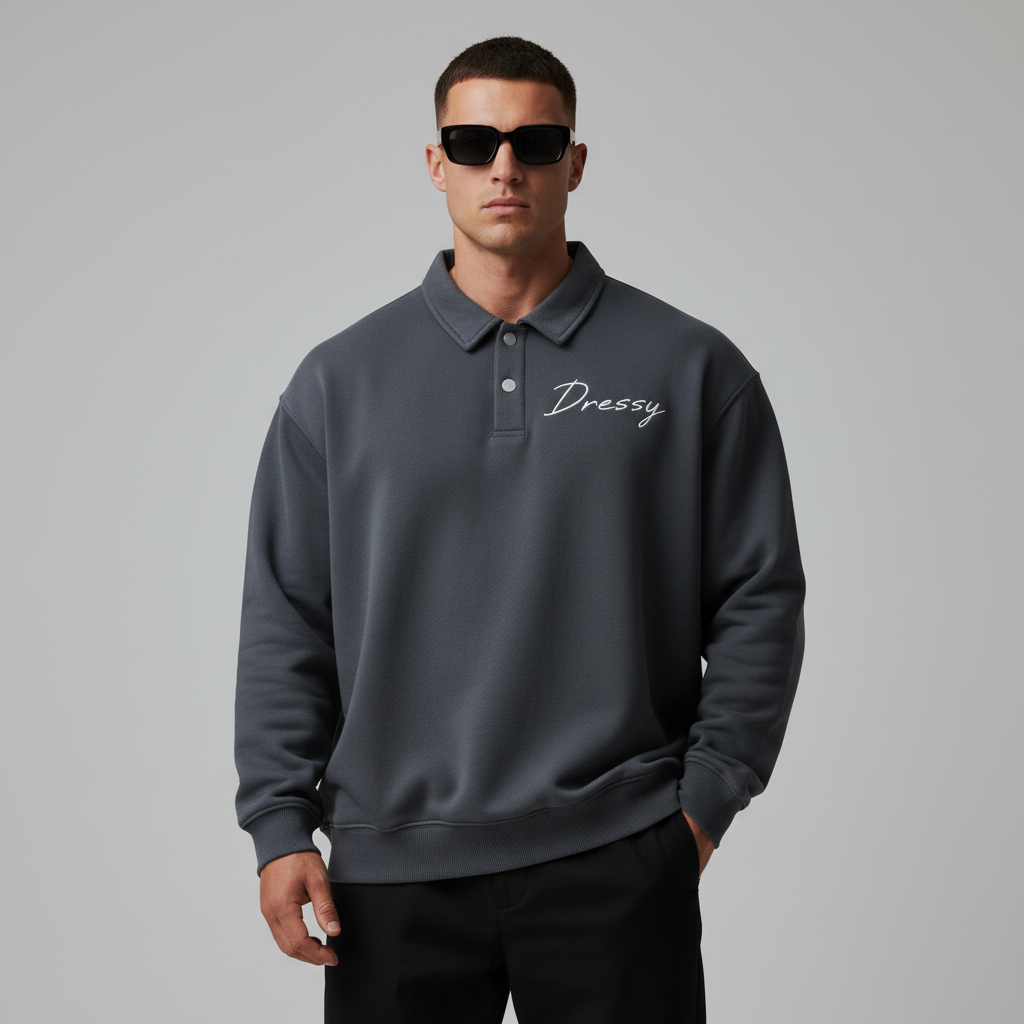 Dressy Mens Heavyweight Polo-Collar Casual Sweatshirt - Black - main product image