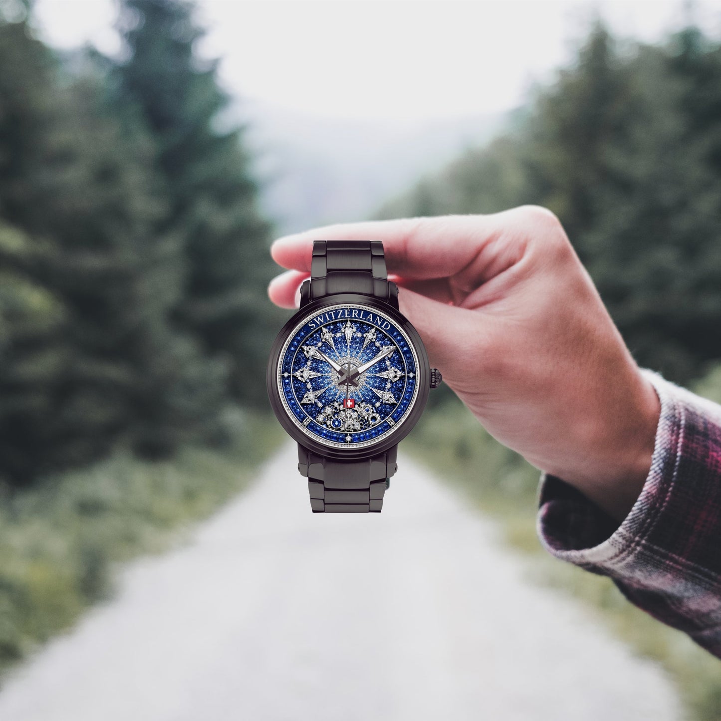 Jaycoh™ Swiss Watchmaking Heritage Switzerland Incrusted Blue Sapphires + Diamond Turbilon 212. New Steel Strap Automatic Watch | Print-on-Demand Custom Watch - product photo | print on demand watch print custom watch