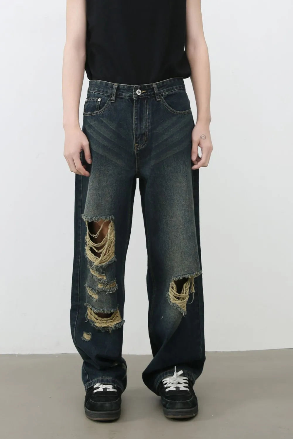 043 Men's Distressed Wide Leg Jeans – Men's wide leg jeans streetwear fit