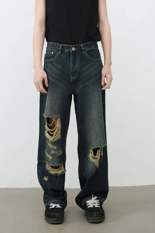 043 Men's Distressed Wide Leg Jeans – Men's wide leg jeans streetwear fit