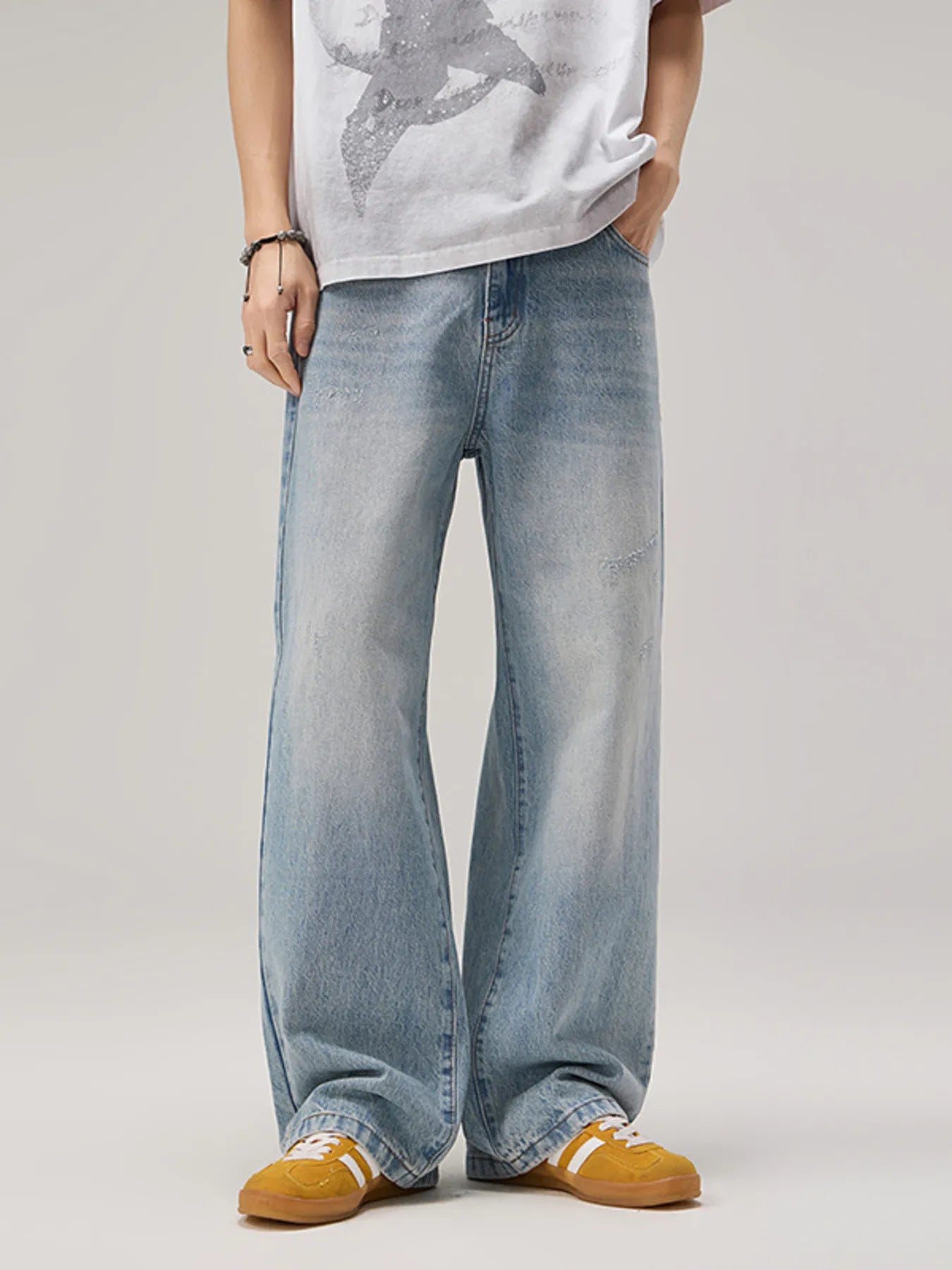 465 Men's Wide Leg Wash Jeans – Men's wide leg jeans streetwear fit