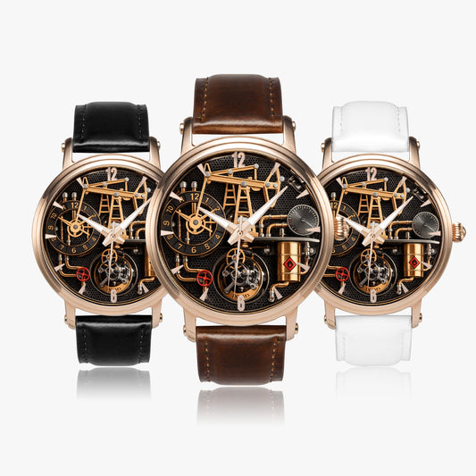 Jaycoh™ Oil Derrick Turbilon 158. 46mm Unisex Automatic Watch (Rose Gold) | Print-on-Demand Custom Watch - angled view | print on demand watch print custom watch