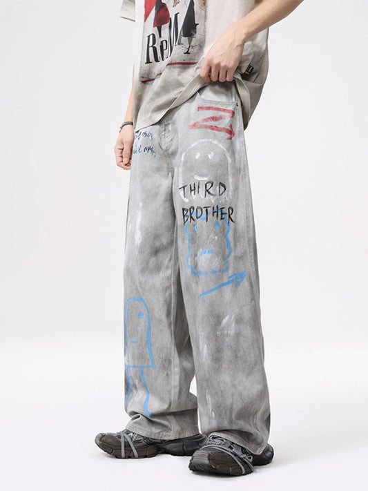 1271 Men's Distressed Graffiti Print Wide Leg Jeans – men's graphic jeans (front view)