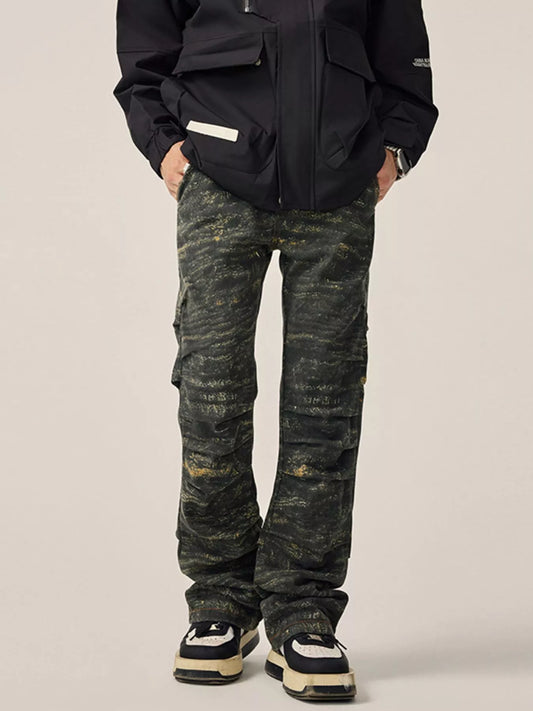 men’s camouflage stacked jeans with ruched panel detailing in green camouflage