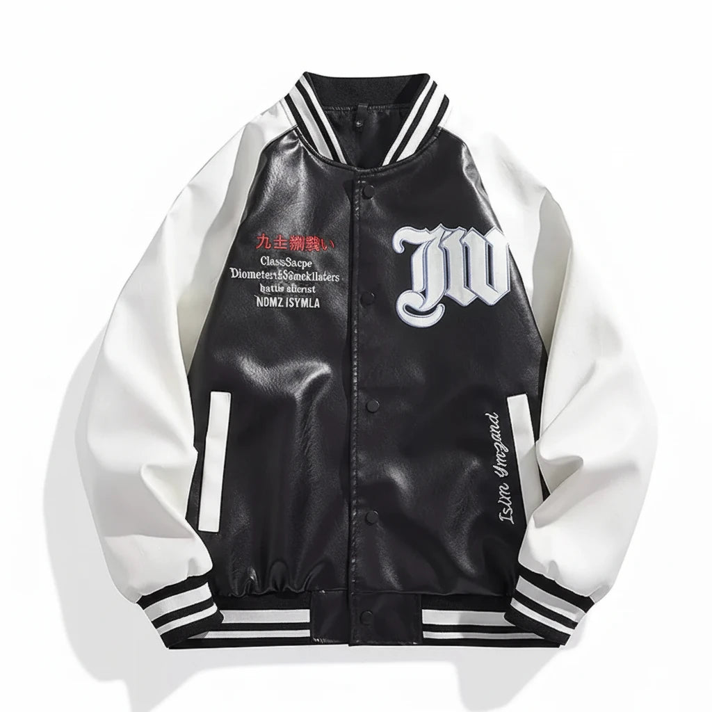 Black and White Long Sleeve Varsity Jacket – Black – front view