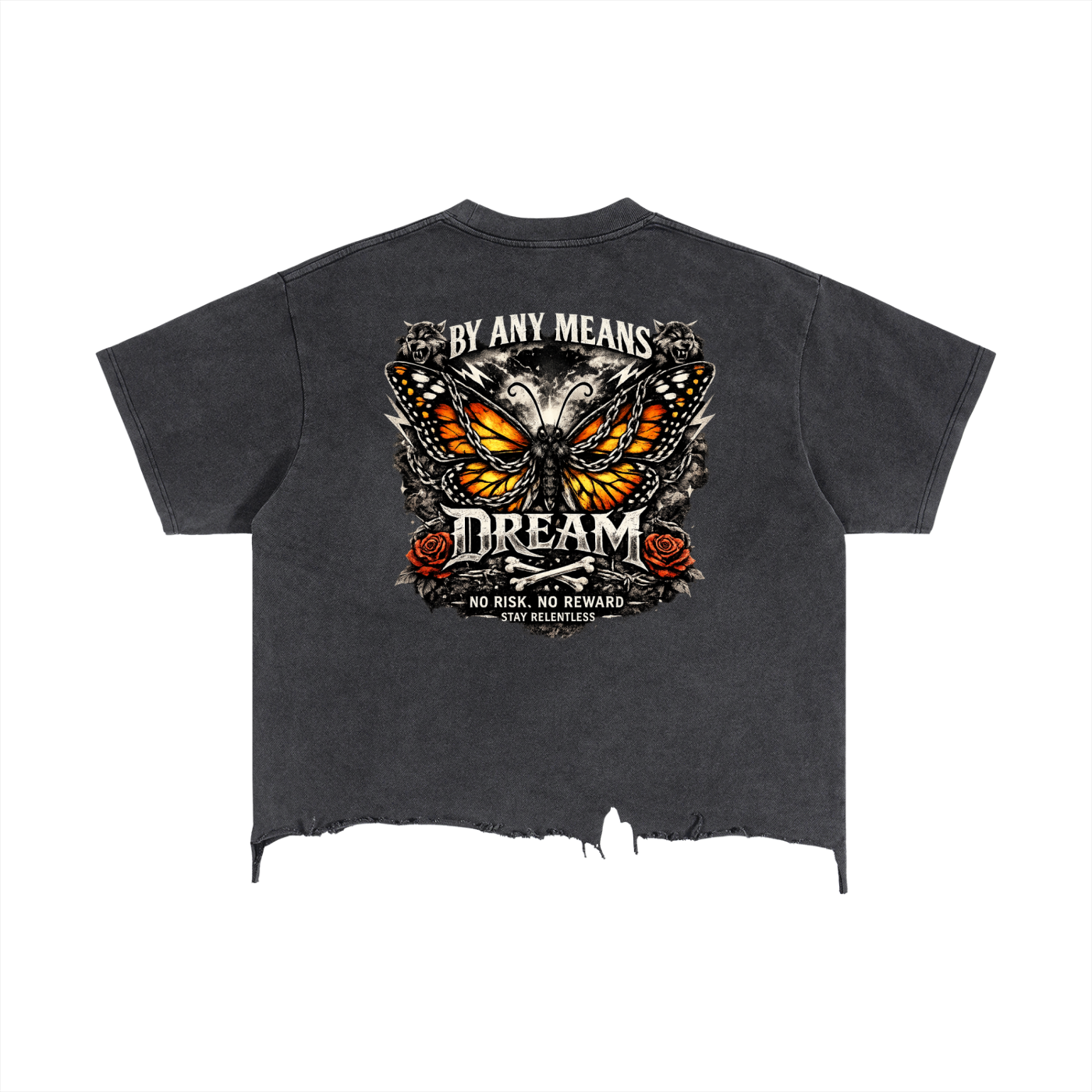 Women Dream Monarch Butterfly Vintage Wash Boxy Distressed Hem T-Shirt – Front View