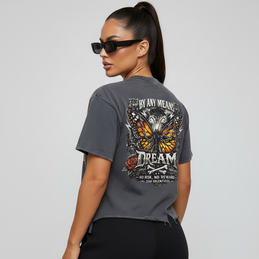 Women Dream Monarch Butterfly Vintage Wash Boxy Distressed Hem T-Shirt – Side View