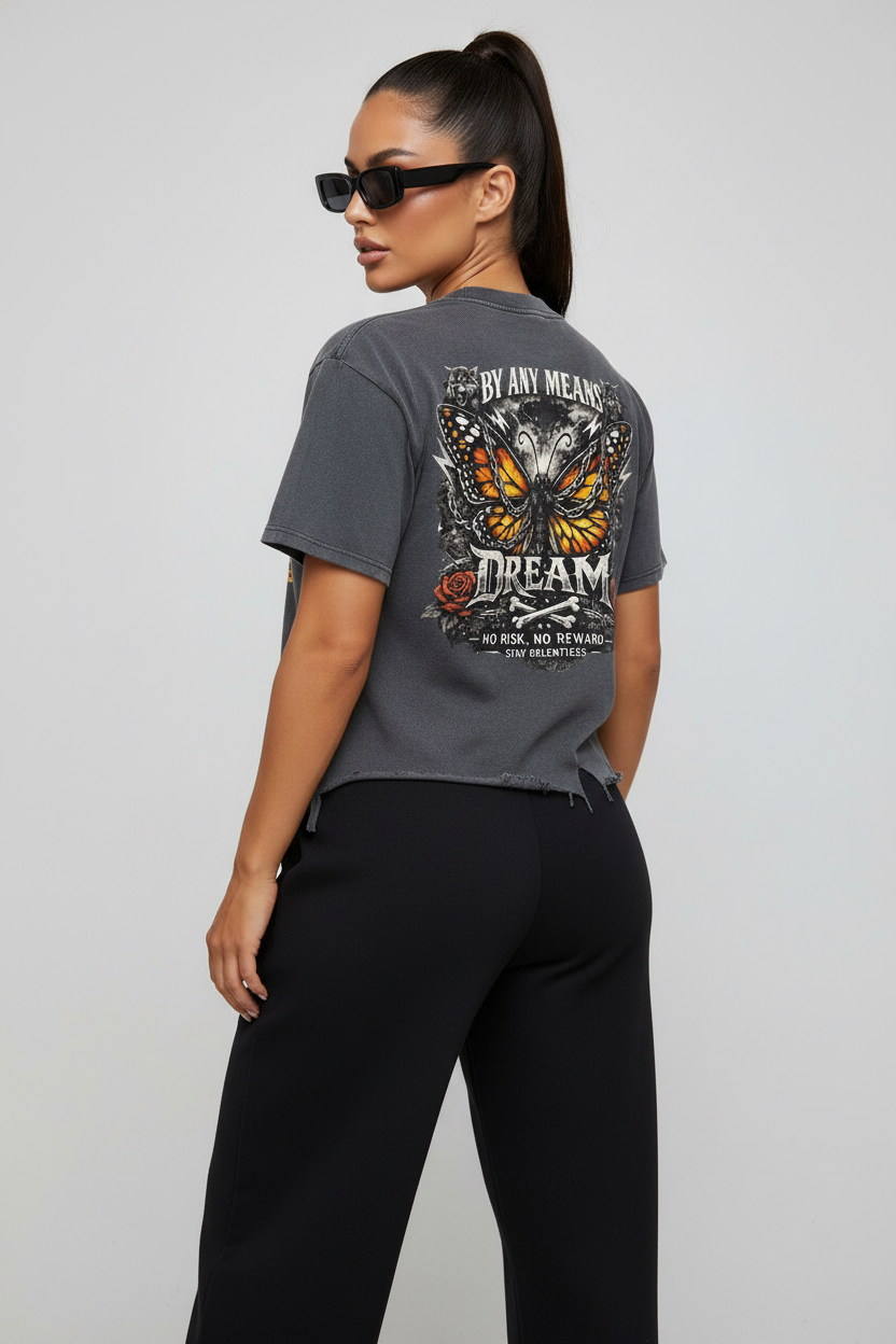 Women Dream Monarch Butterfly Vintage Wash Boxy Distressed Hem T-Shirt – Main Image