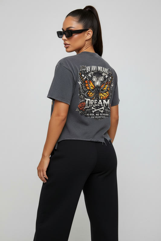 Women Dream Monarch Butterfly Vintage Wash Boxy Distressed Hem T-Shirt – Main Image