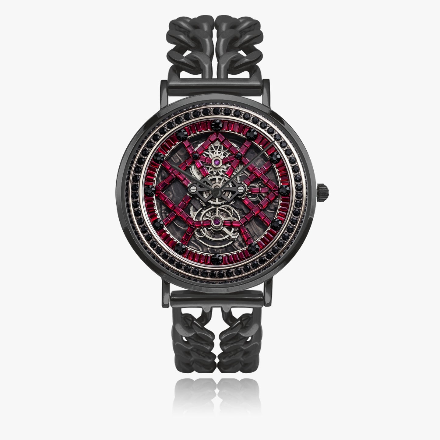 Jaycoh™ Black + Red Incrusted Rubys 736. Hollow Out Strap Quartz Watch | Print-on-Demand Custom Watch - front view | print on demand watch print custom watch